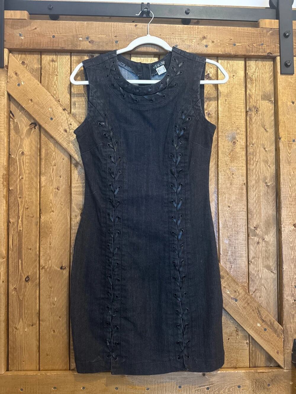 Venus lace up fitted dress Acid Wash Black Denim sz 6